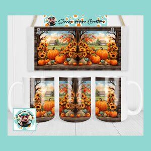 Ceramic Coffee Mug Autumn Fall Pumpkin Sunflower Farm 15oz Hand Sublimated